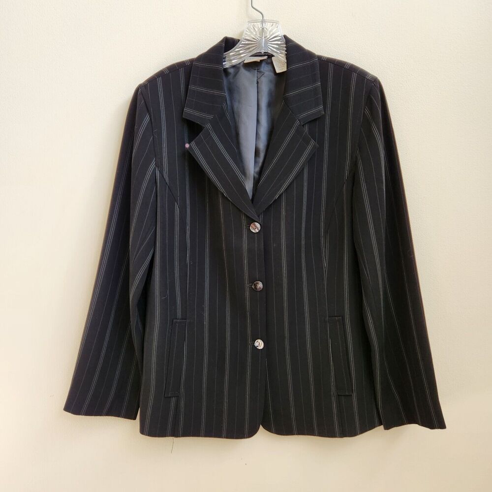 Chico's Blazer Jacket Women's 1 Black Striped Lined Corporate Chic Dark Academia